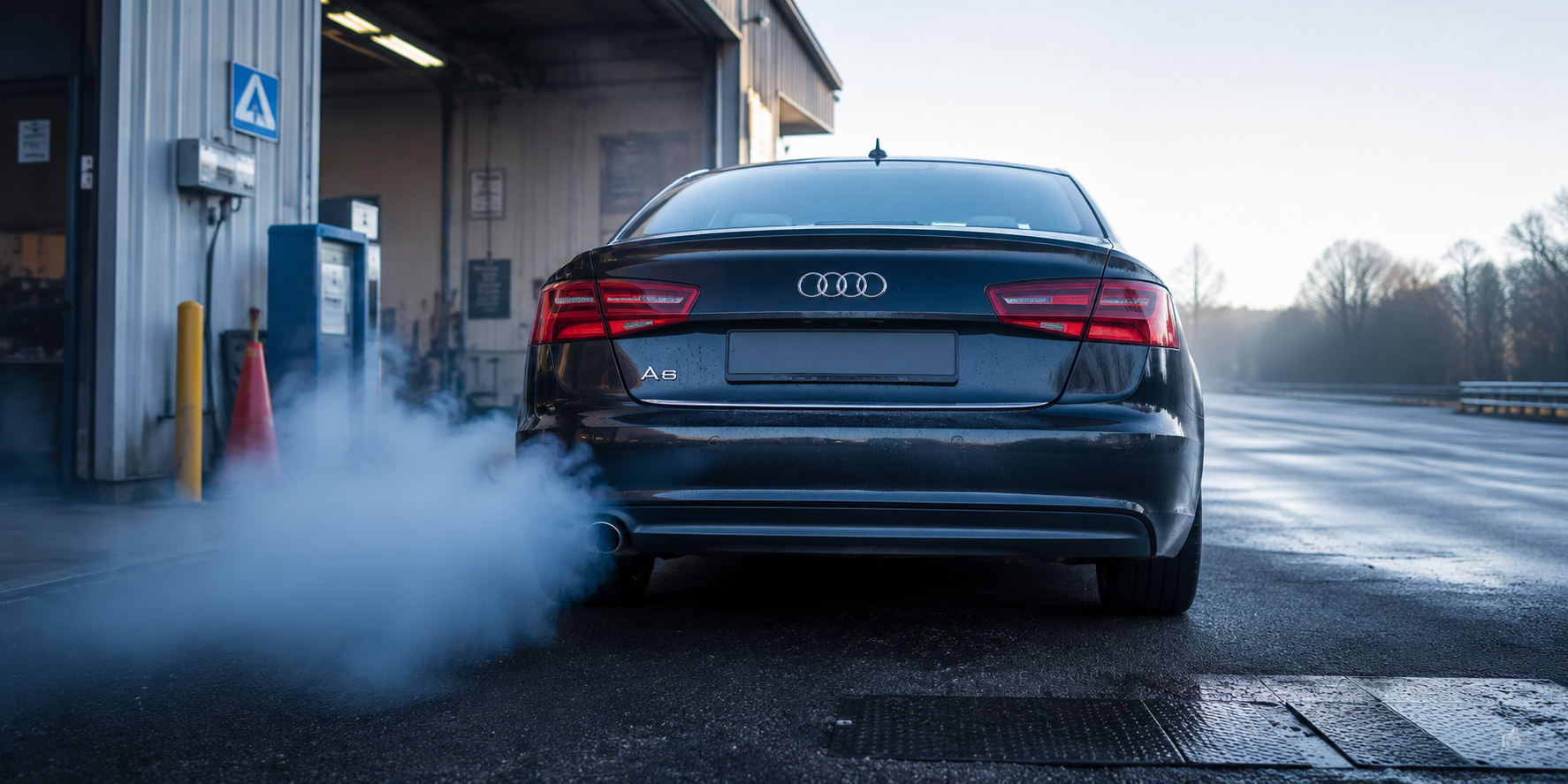Audi A6 2.0 TFSI blue smoke from exhaust indicating oil burning from worn piston rings
