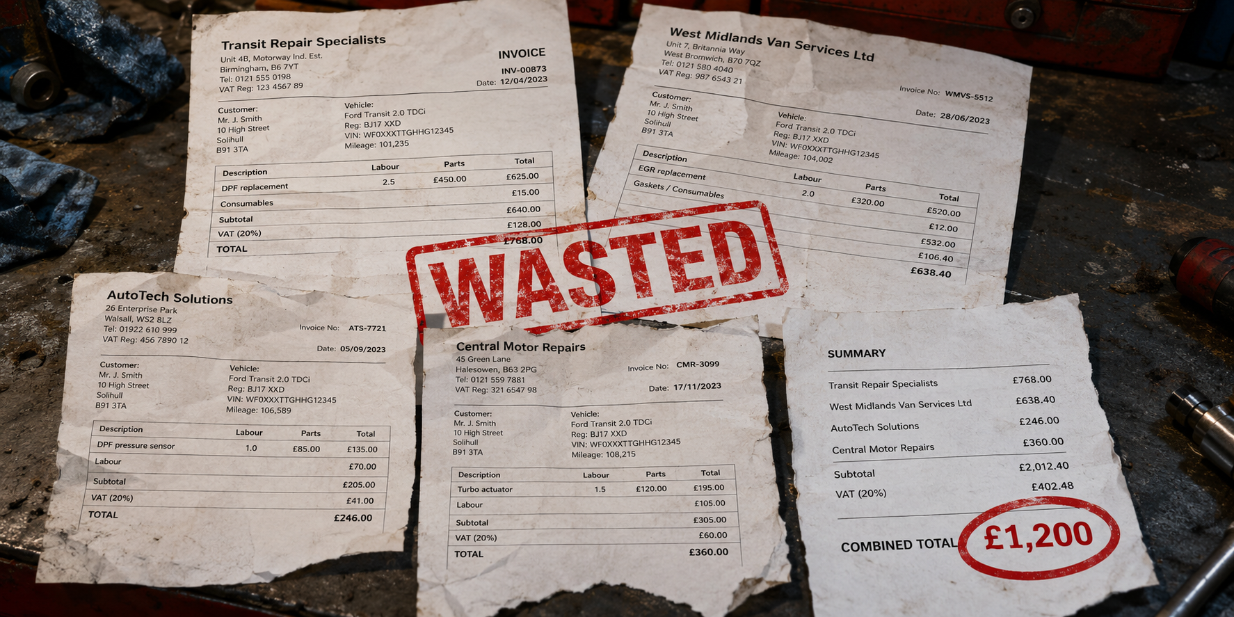 Ford Transit wasted repair invoices showing £1,200 spent on DPF and EGR that didn't fix the underlying problem