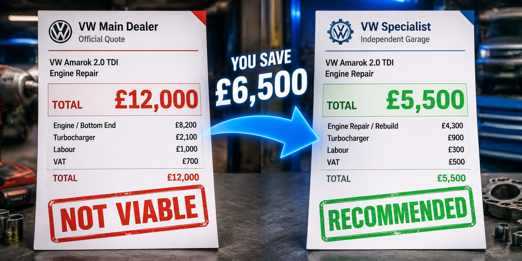 VW Amarok engine quote comparison - dealer £12,000 versus specialist £5,500 saving £6,500
