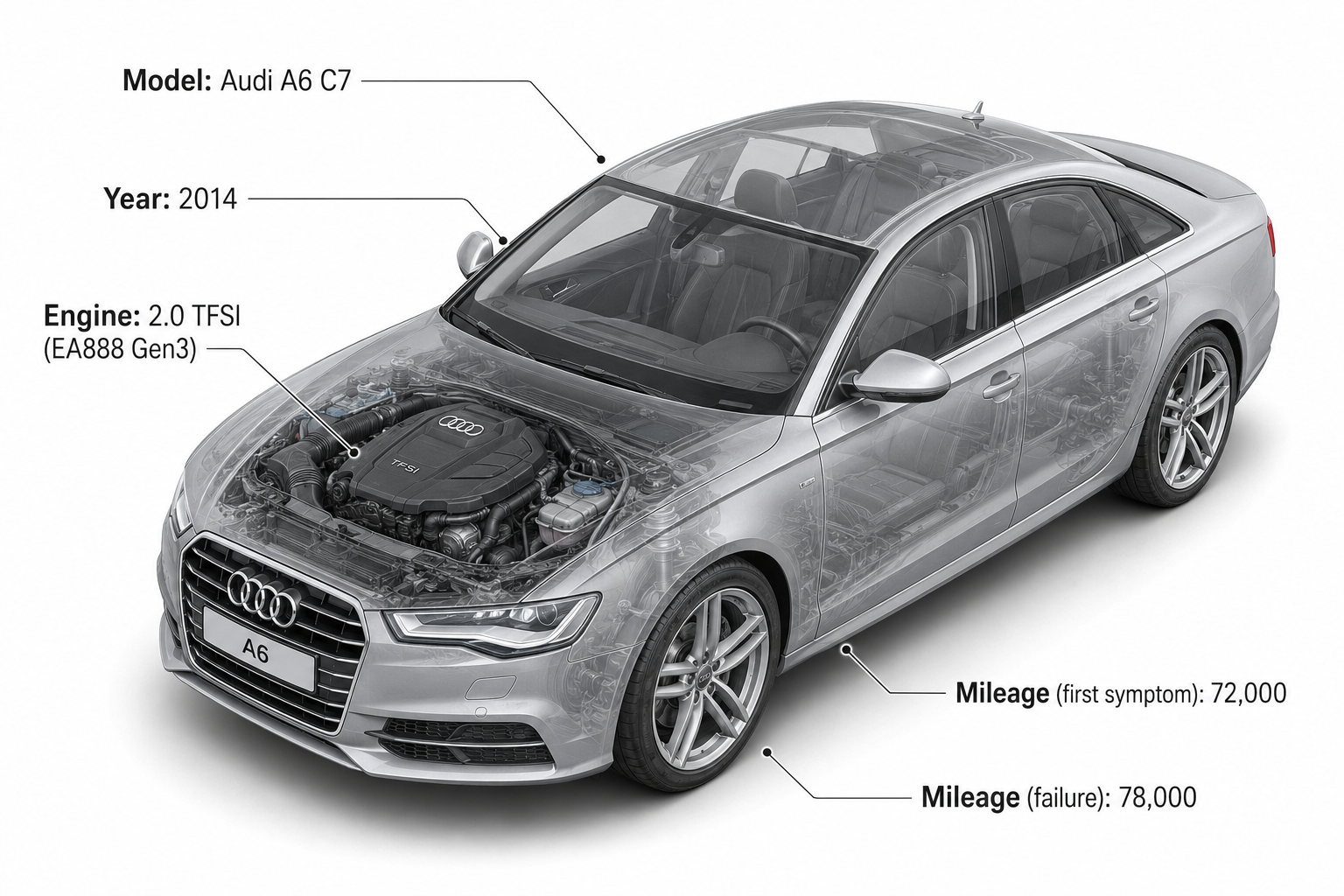 Isometric 3D render of 2014 Audi A6 C7 with 2.0 TFSI engine and vehicle specifications