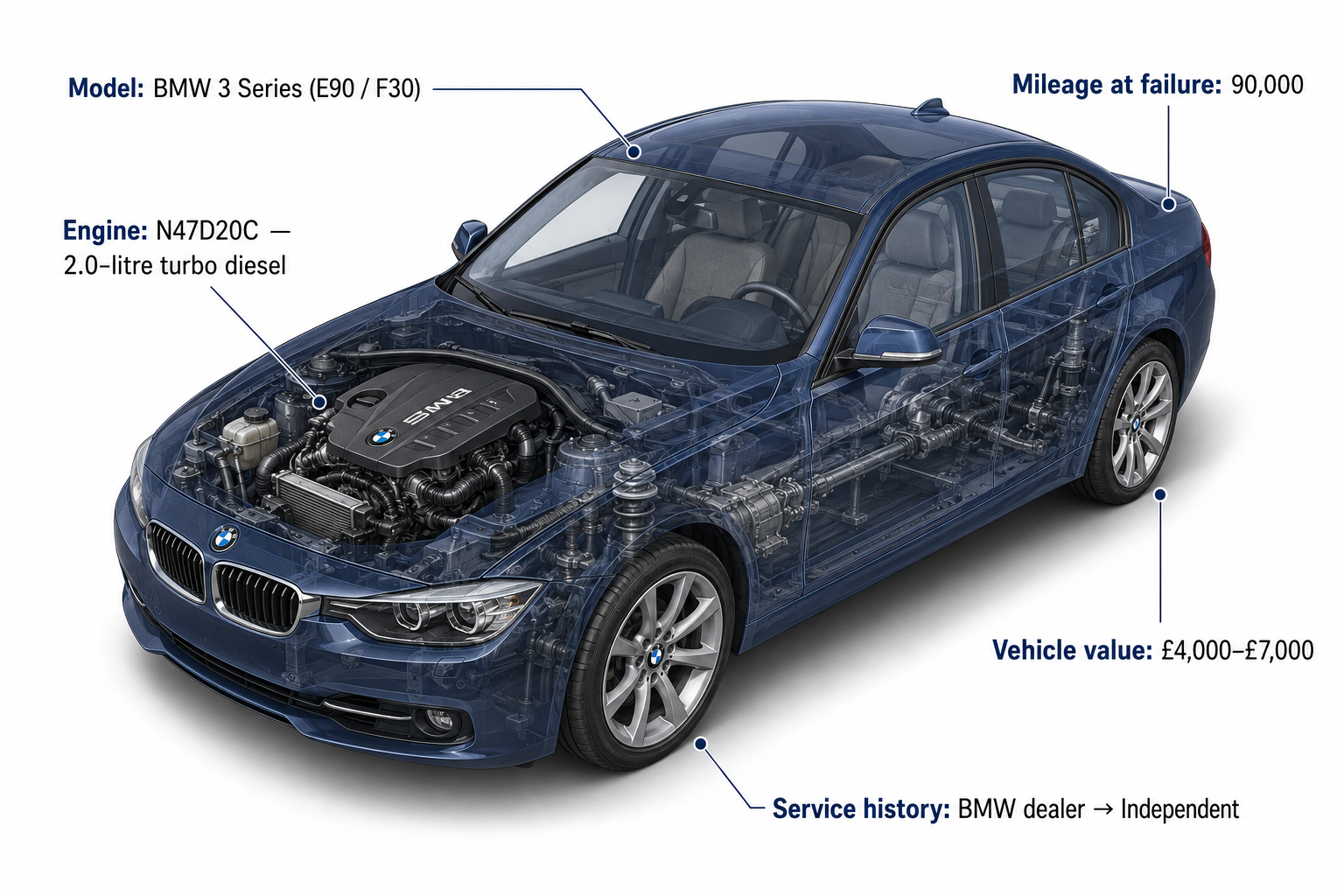 Isometric 3D render of BMW 3 Series with N47 diesel engine and vehicle specifications