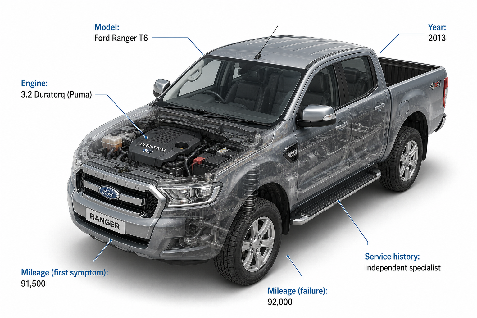 Isometric 3D render of 2013 Ford Ranger T6 with 3.2 Duratorq diesel engine and vehicle specifications