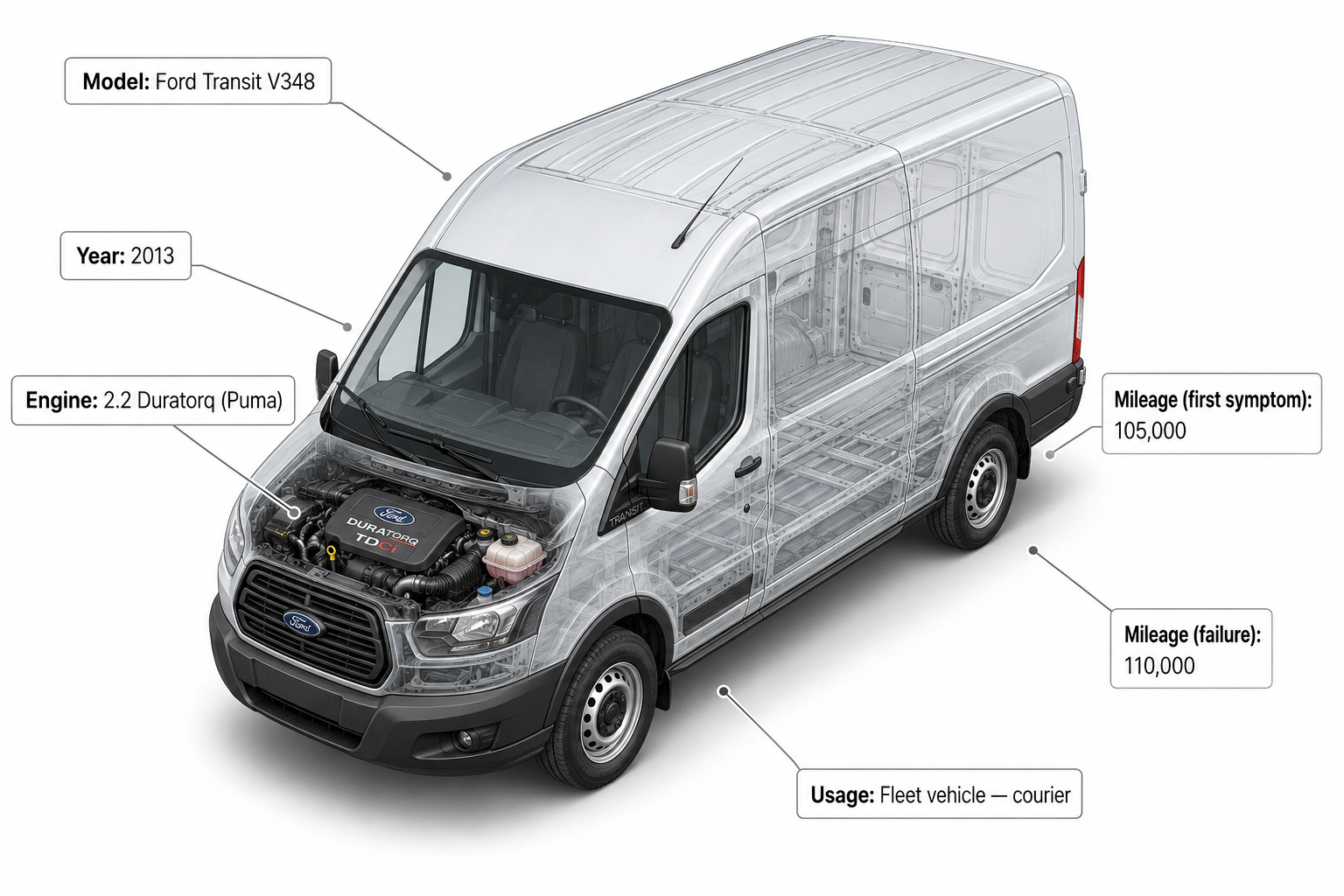 Isometric 3D render of 2013 Ford Transit V348 with 2.2 Duratorq diesel engine and vehicle specifications