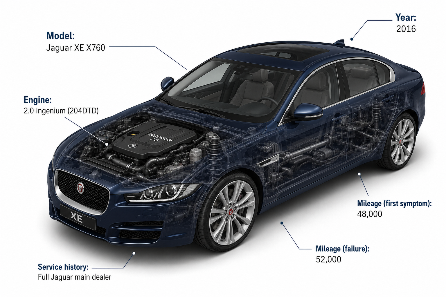 Isometric 3D render of 2016 Jaguar XE X760 with Ingenium diesel engine and vehicle specifications