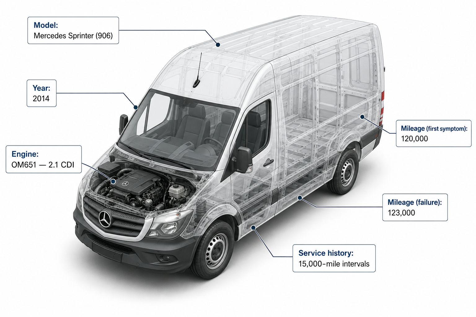 Isometric 3D render of Mercedes Sprinter fleet with one van highlighted after injector failure