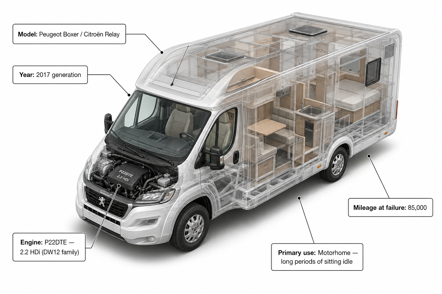 Isometric 3D render of Peugeot Boxer motorhome with P22DTE 2.2 HDi engine and vehicle specifications