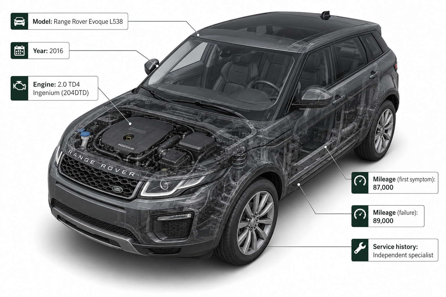 Isometric 3D render of 2016 Range Rover Evoque L538 with 2.0 TD4 Ingenium engine and specifications