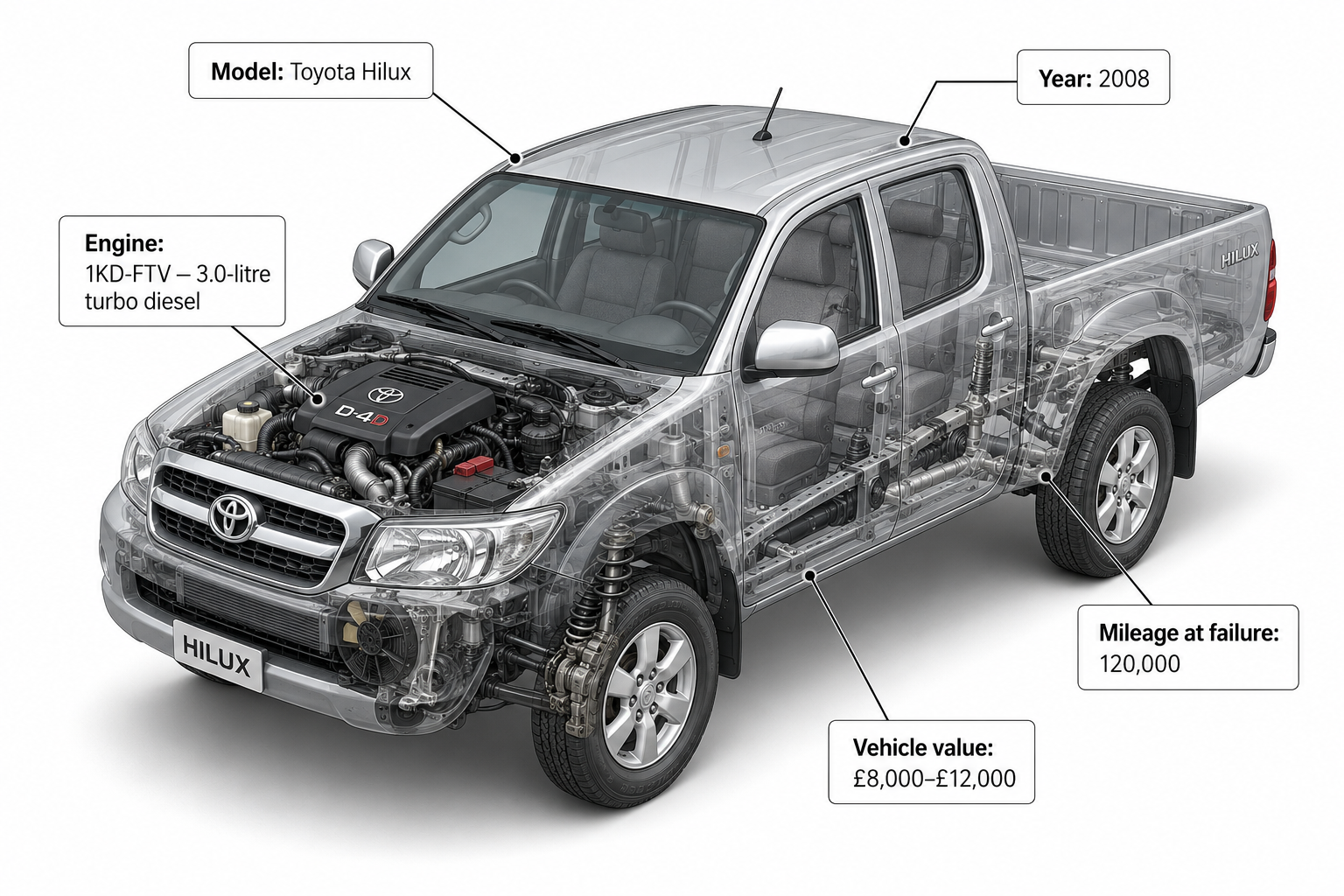 Isometric 3D render of 2008 Toyota Hilux with 1KD-FTV diesel engine and vehicle specifications