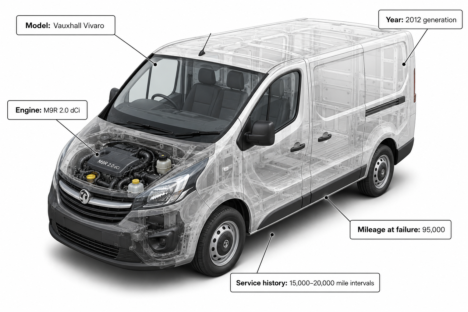 Isometric 3D render of Vauxhall Vivaro with M9R diesel engine and vehicle specifications