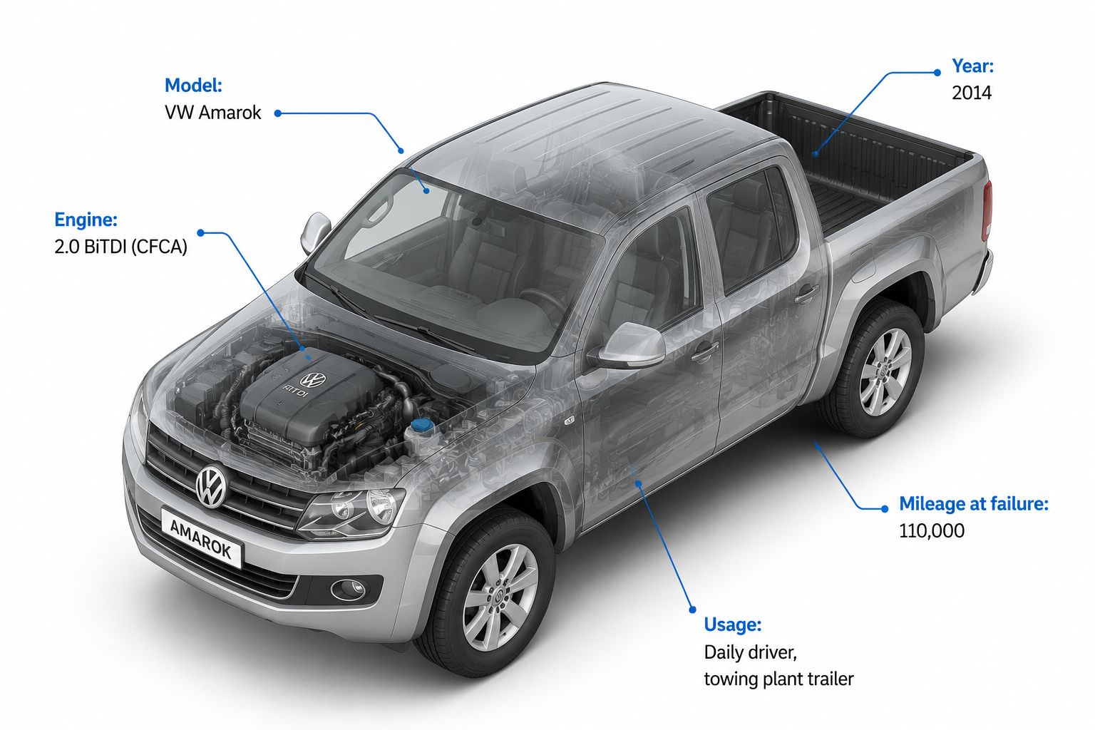 Isometric 3D render of VW Amarok with 2.0 BiTDI CFCA engine and vehicle specifications