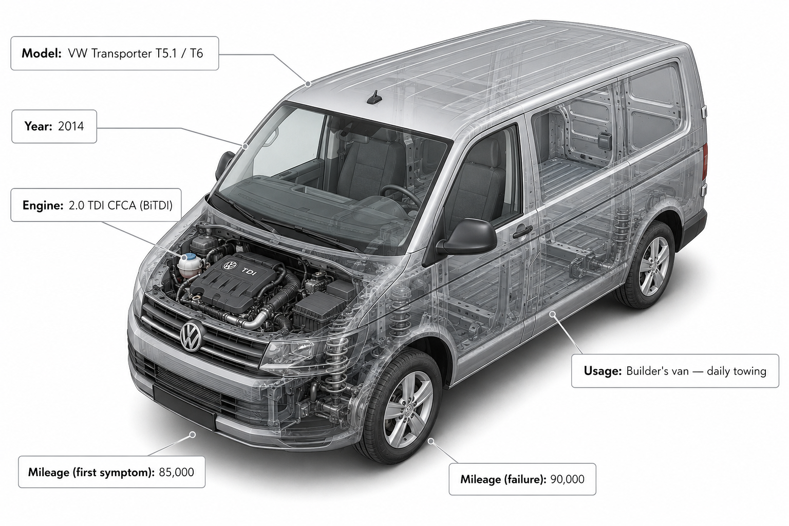 Isometric 3D render of VW Transporter with 2.0 TDI CFCA BiTDI engine and vehicle specifications