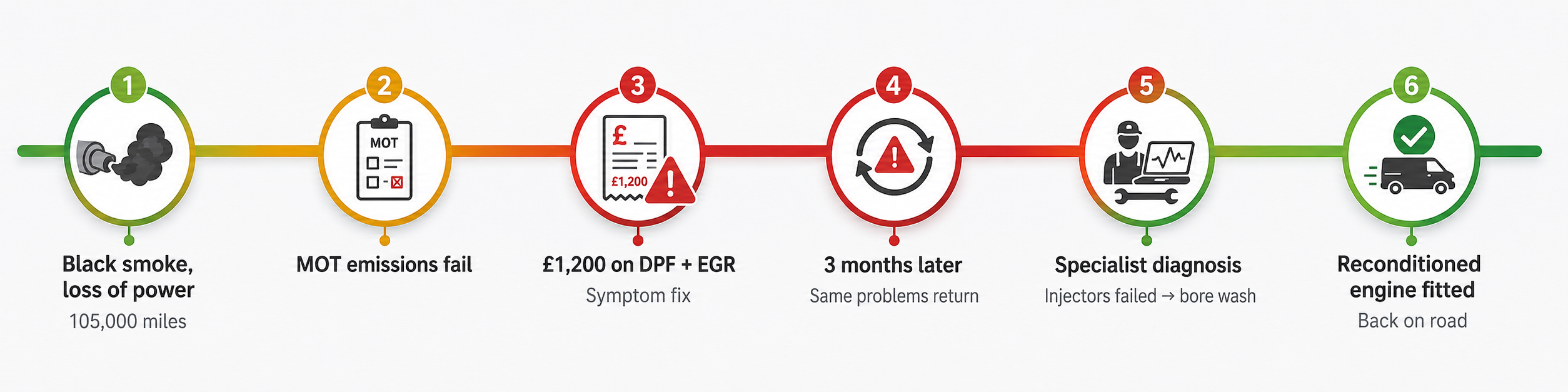 Ford Transit 2.2 timeline showing wasted repairs and progression to engine replacement