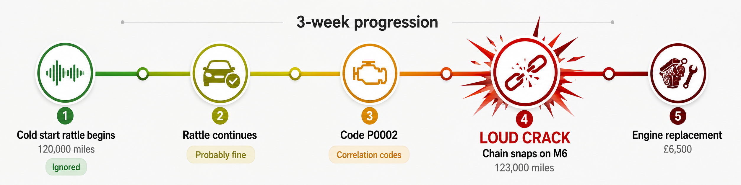 Mercedes OM651 timeline showing 3 weeks from rattle to snapped timing chain
