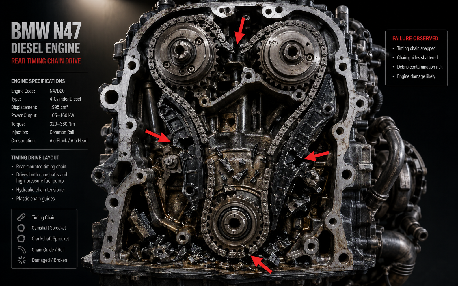 BMW N47 timing chain snapped with broken links and shattered guides