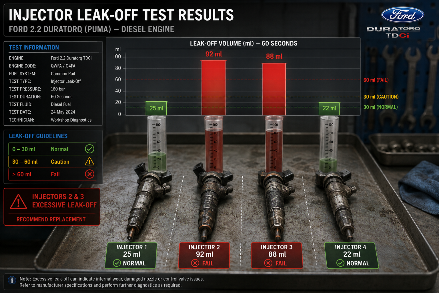 Ford 2.2 Duratorq leak-off test showing failed injectors on cylinders 2 and 3