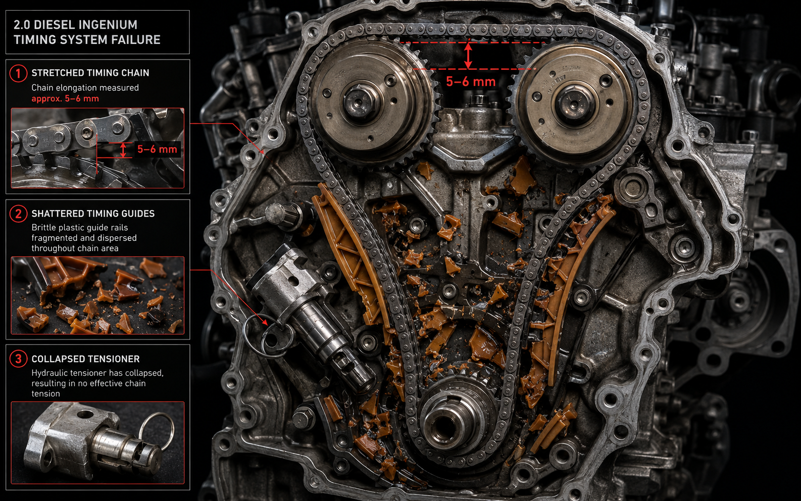 Jaguar Ingenium timing chain stretched 5-6mm with shattered guides and collapsed tensioner