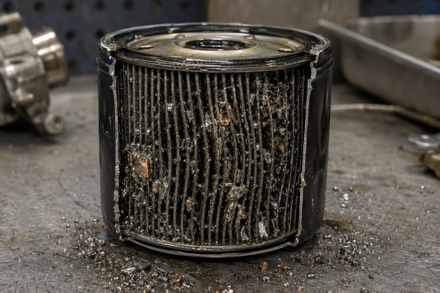 Land Rover TDV6 oil filter showing metal debris from snapped crankshaft