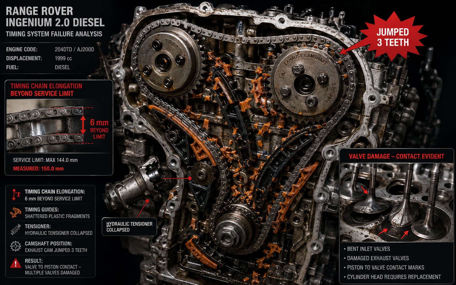 Range Rover Evoque Ingenium timing cover removed showing stretched chain, shattered guides and collapsed tensioner