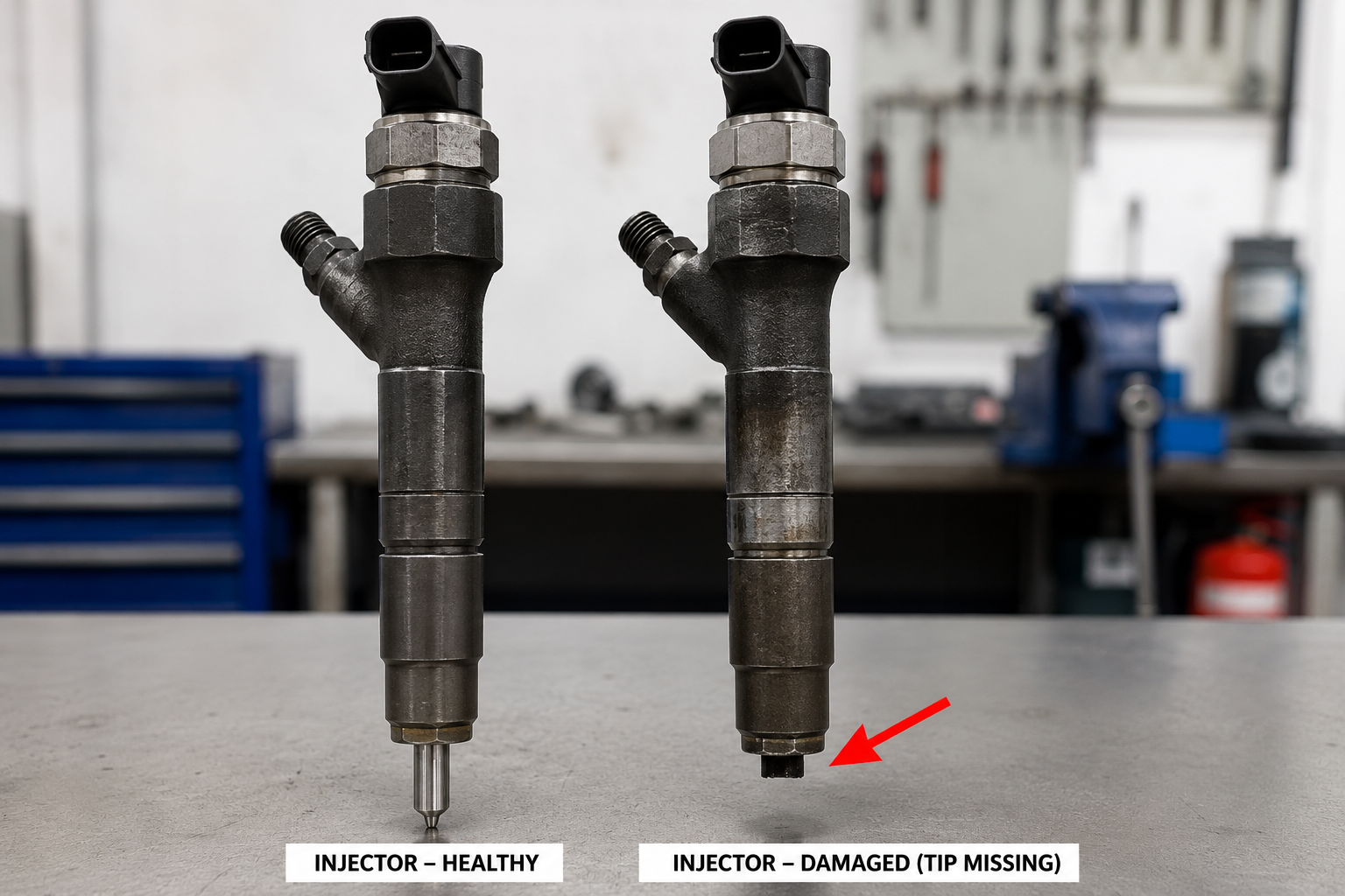 Toyota 1KD-FTV injector with missing snapped tip that scored cylinder bore