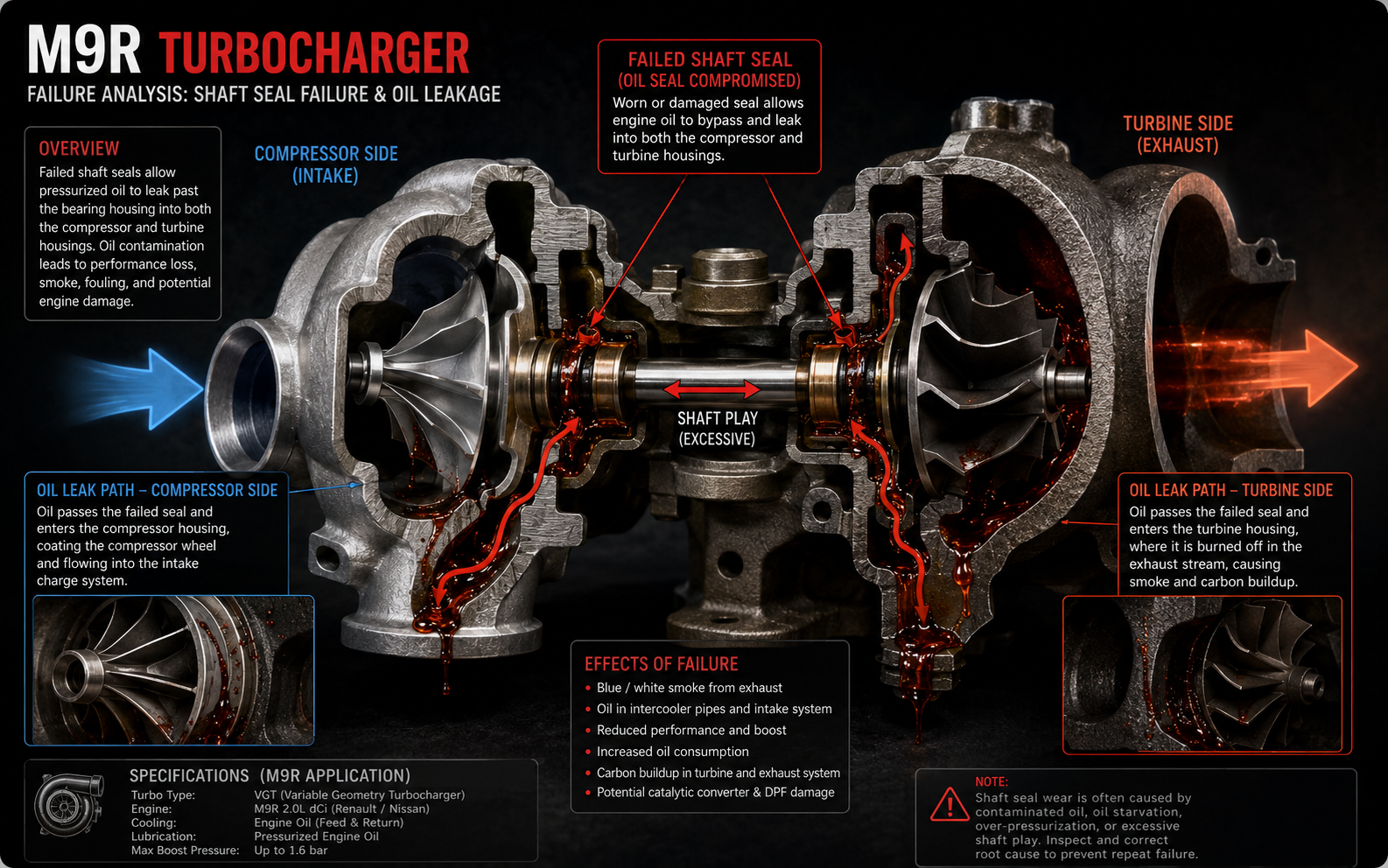 Vauxhall M9R turbo seal failure causing oil leak into intake and exhaust
