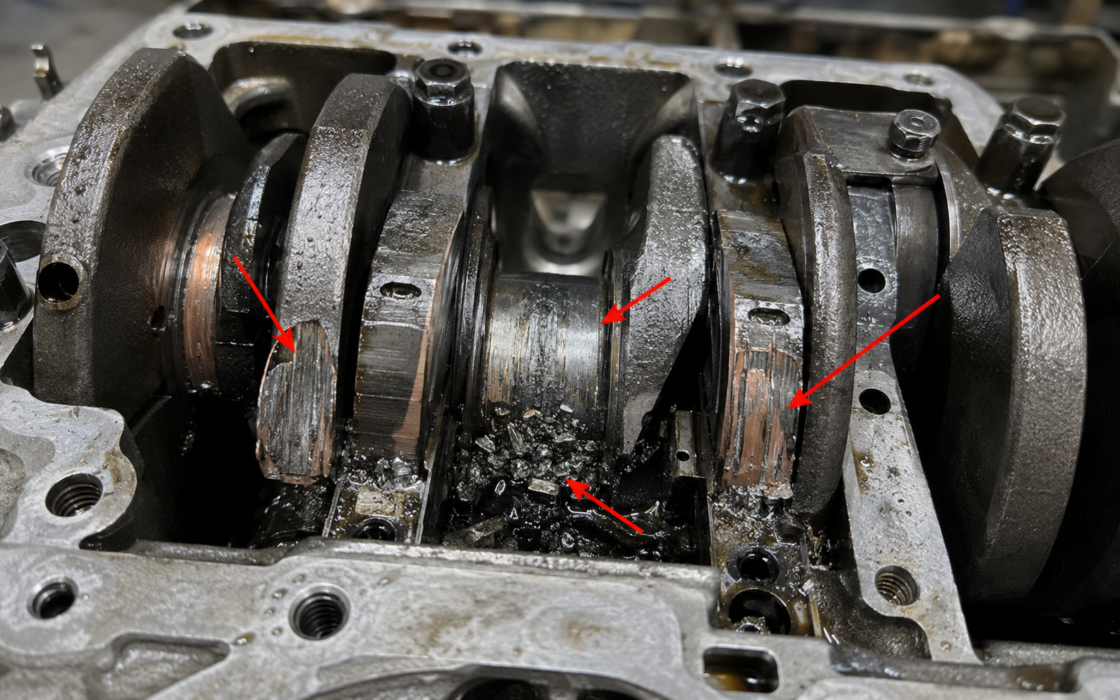VW CFCA bottom-end failure showing seized crankshaft bearings with metal-on-metal scoring