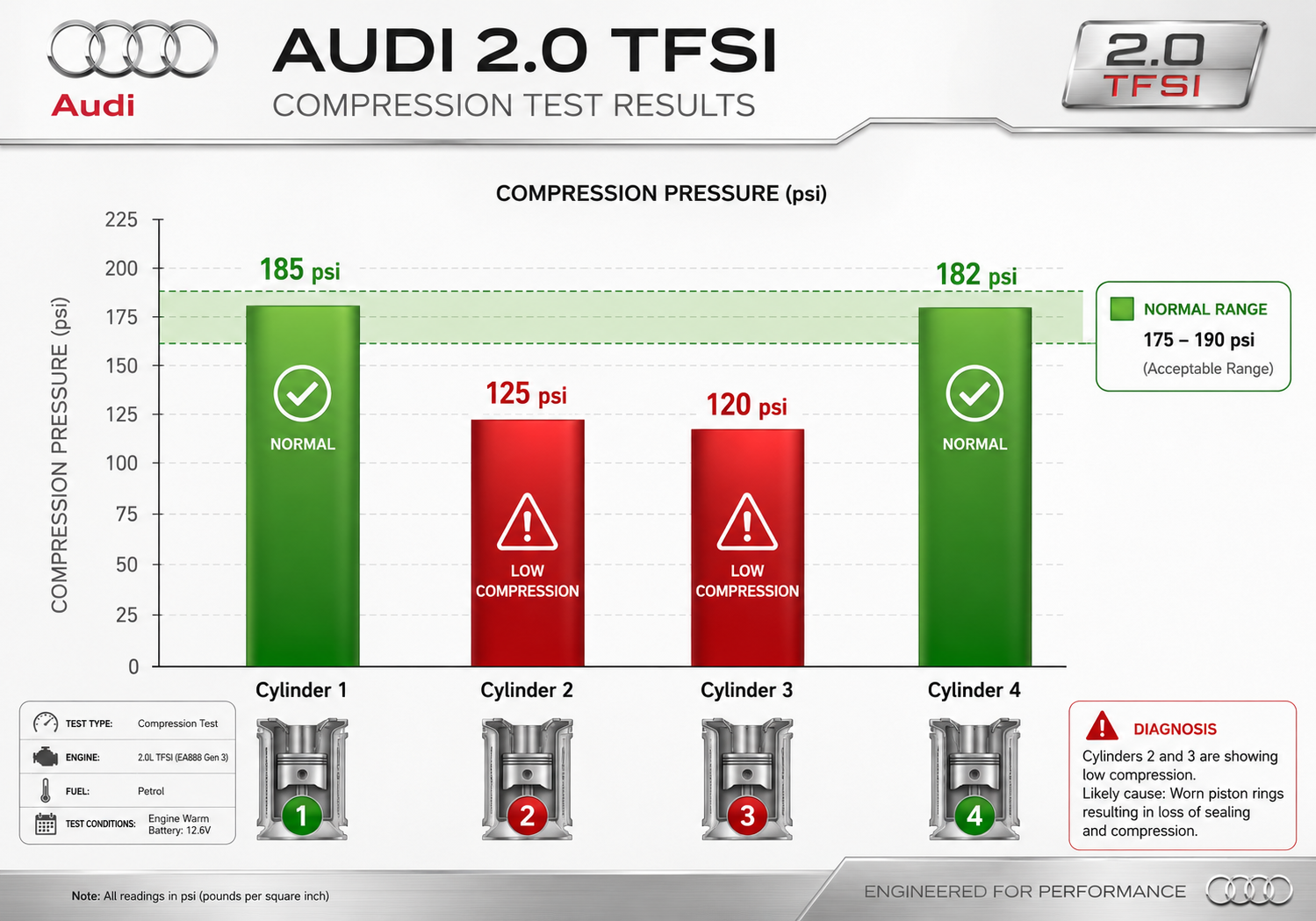 Audi 2.0 TFSI compression test results showing low compression on cylinders 2 and 3 from worn piston rings