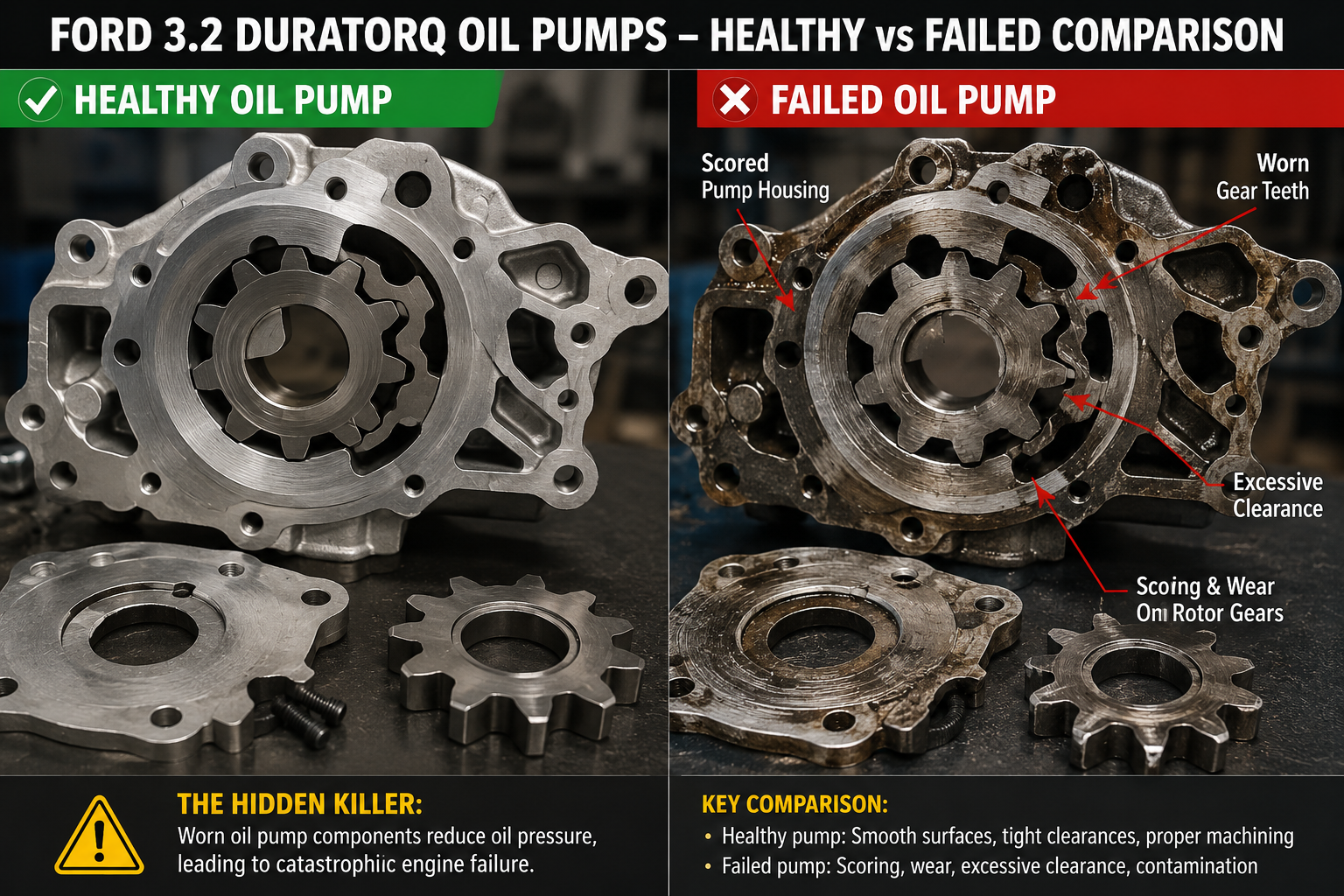 Ford 3.2 Duratorq oil pump failure - comparison of healthy pump versus failed pump with scored gears