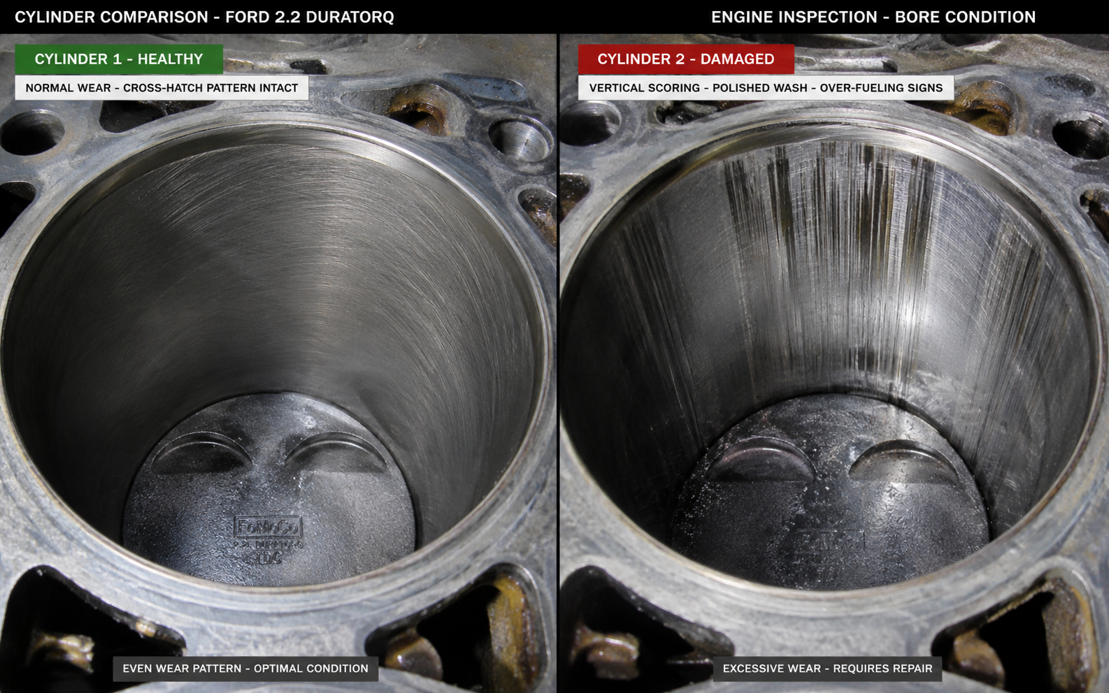 Ford 2.2 Duratorq cylinder bore scoring from bore wash caused by failed injectors