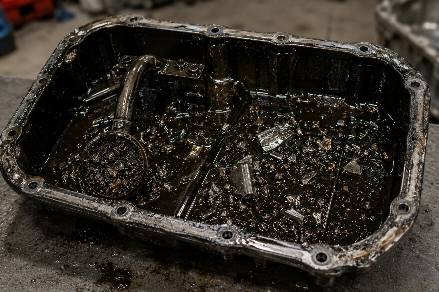 Land Rover TDV6 oil pan full of metal fragments from snapped crankshaft