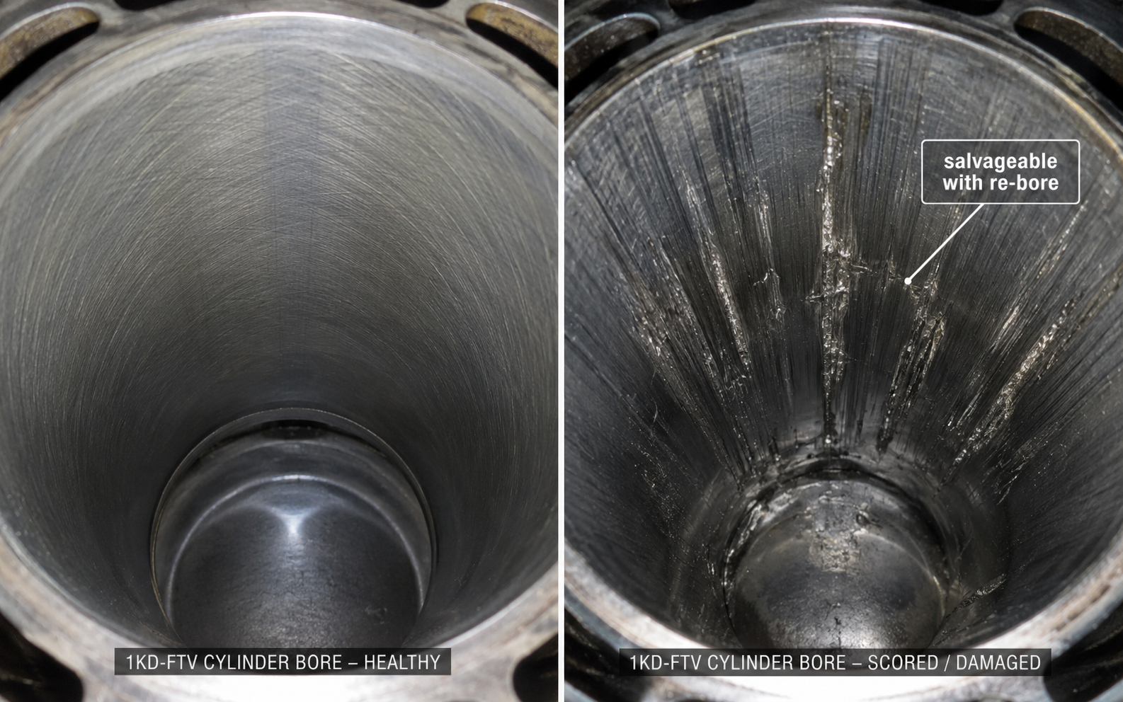 Toyota 1KD-FTV cylinder bore scored from metal injector tip damage