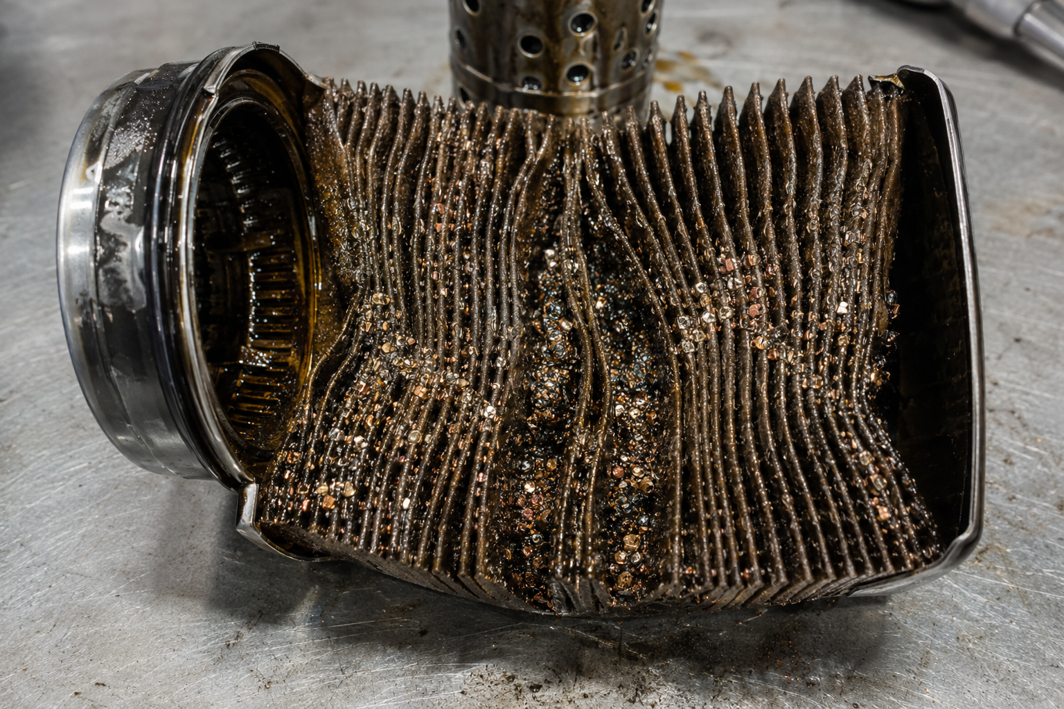 VW CFCA oil filter showing metallic copper and silver debris from bottom-end failure