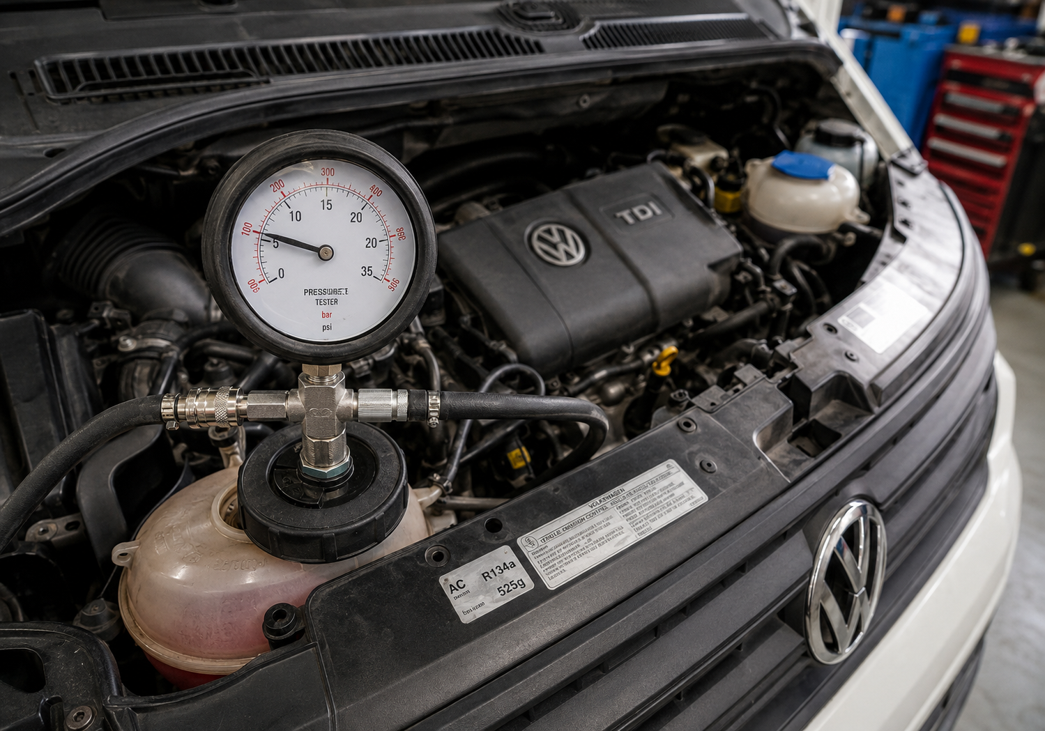 VW CFCA cooling system pressure test showing pressure loss from cracked cylinder head