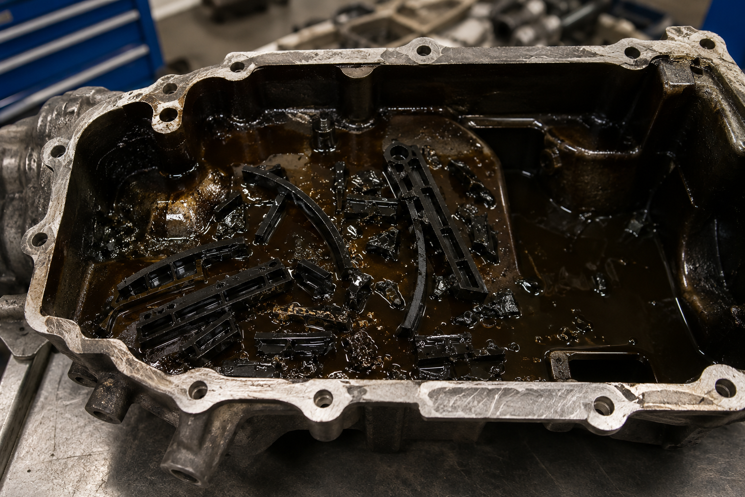 BMW N47 oil pan showing guide debris and metal particles from chain failure