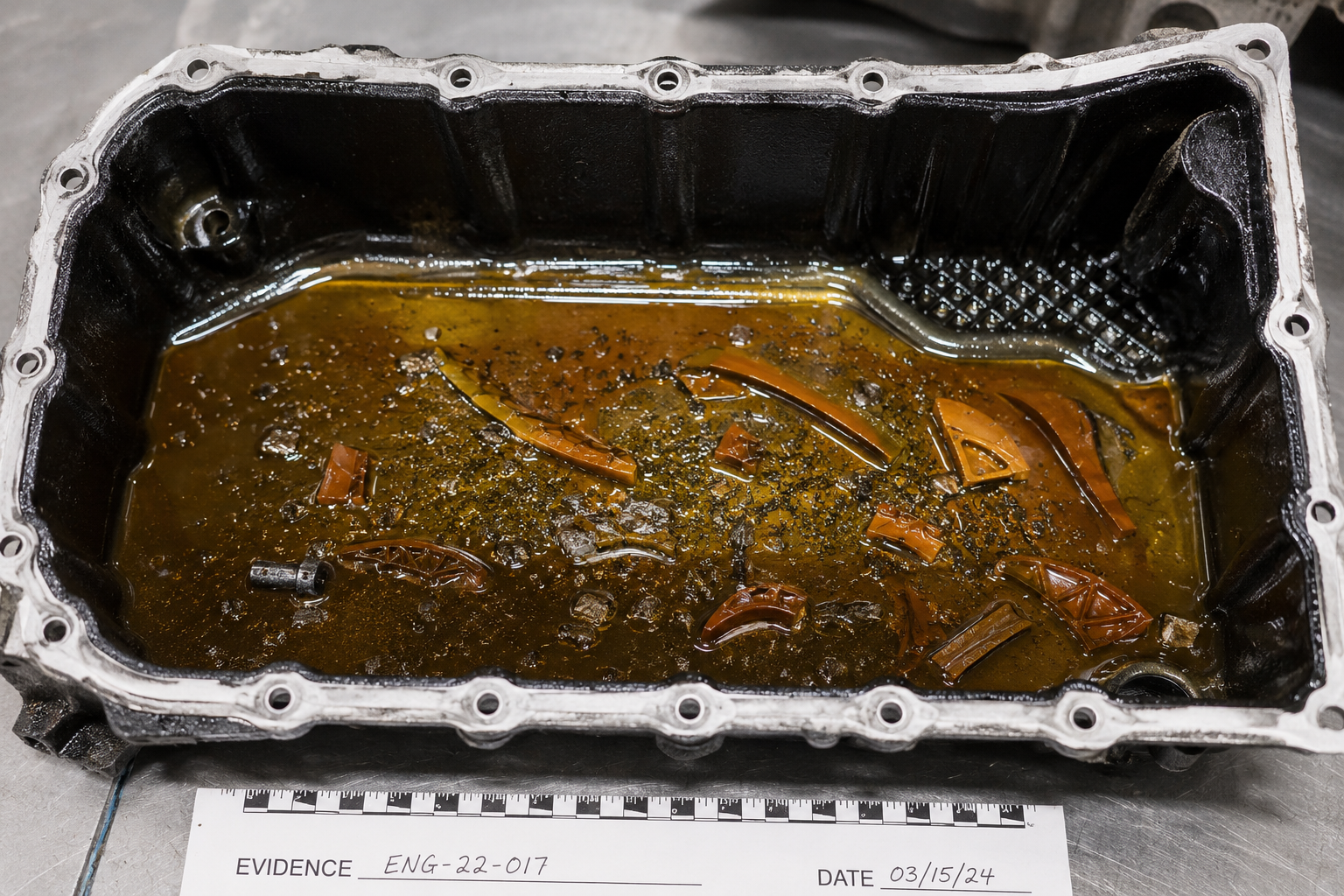 Jaguar Ingenium oil pan showing plastic guide fragments and metal debris from timing chain failure