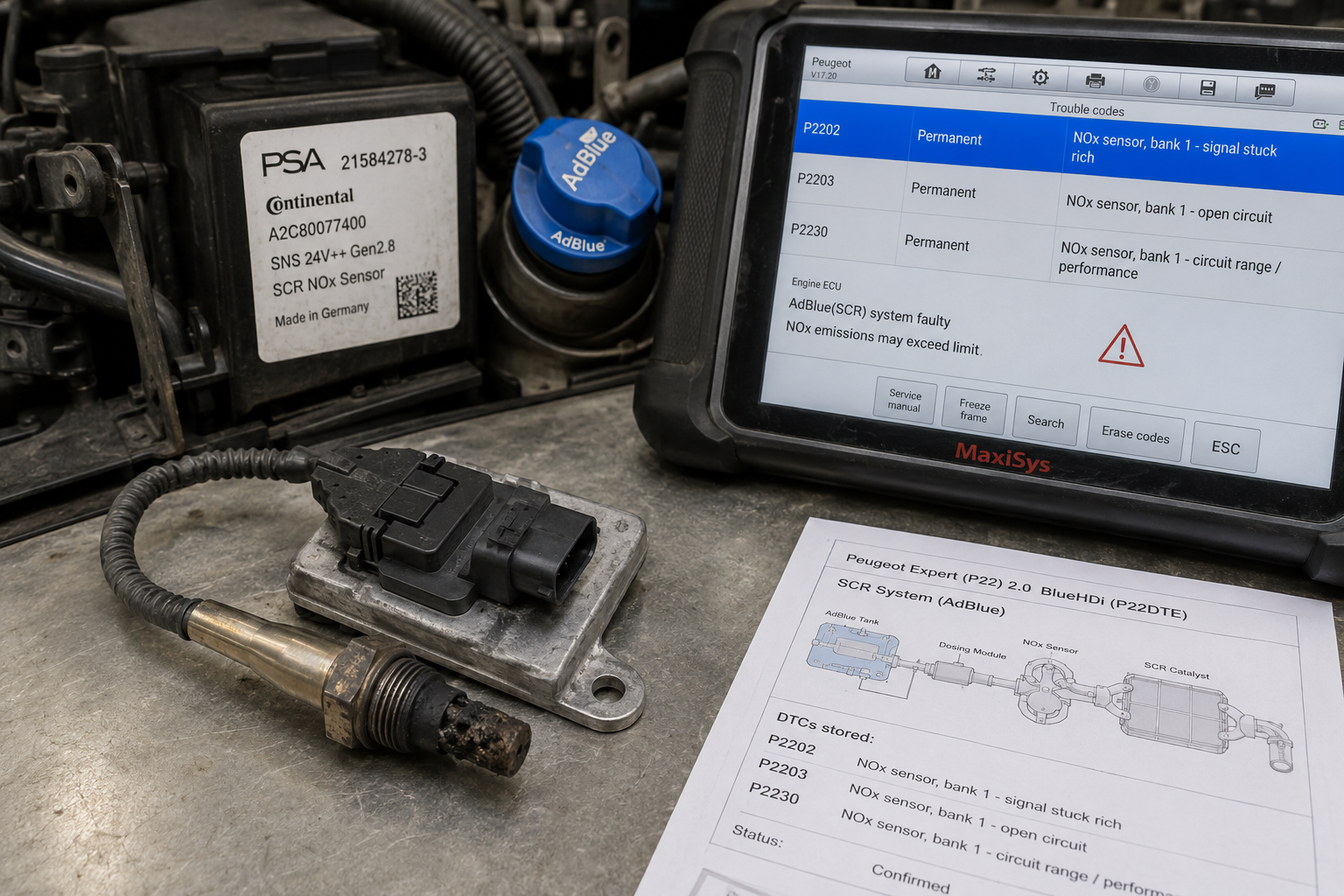 Peugeot P22DTE NOx sensor failure causing AdBlue system malfunction