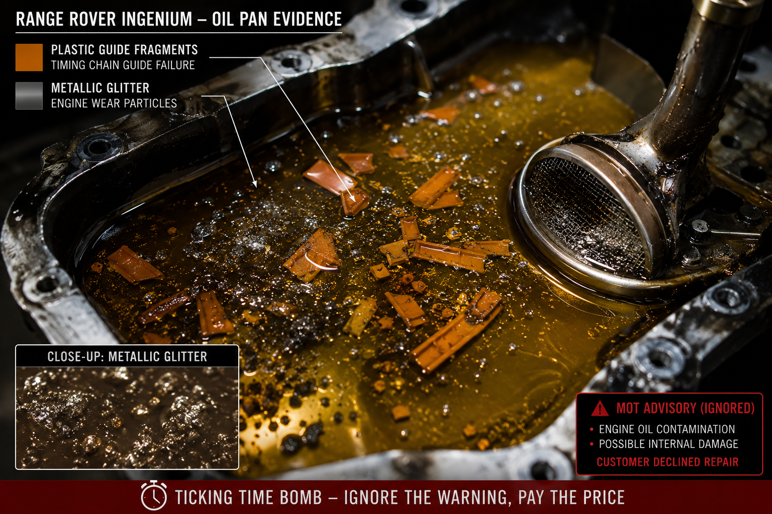 Range Rover Evoque oil pan showing plastic guide fragments and metal debris from timing chain failure
