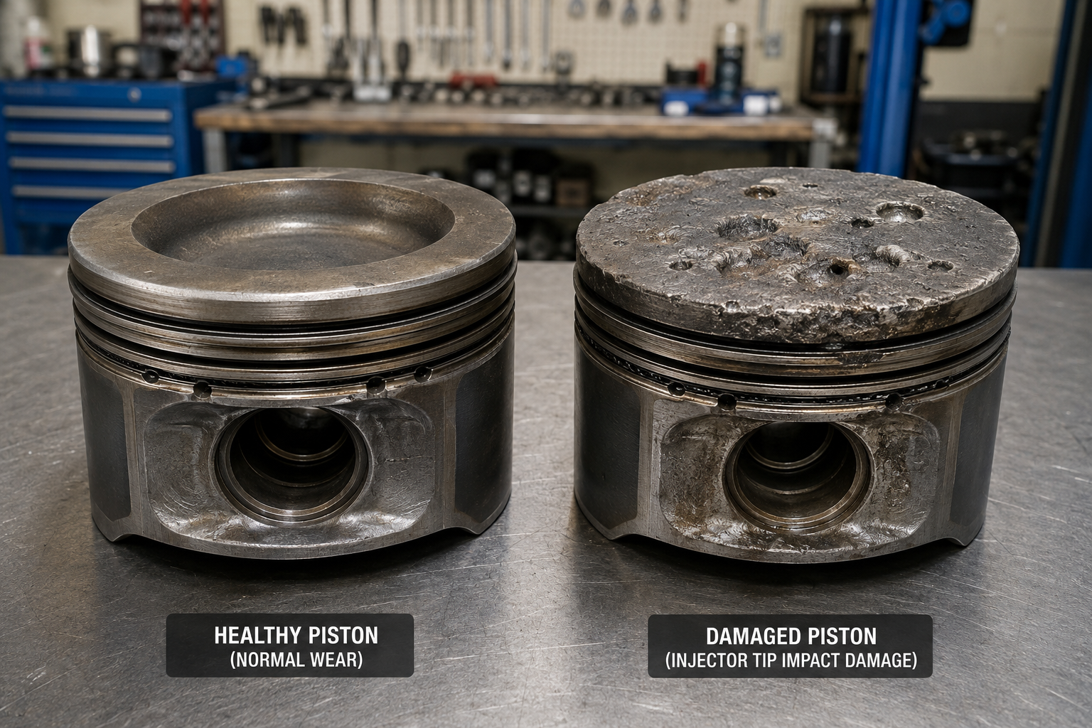 Toyota 1KD-FTV piston crown damaged by injector tip impact