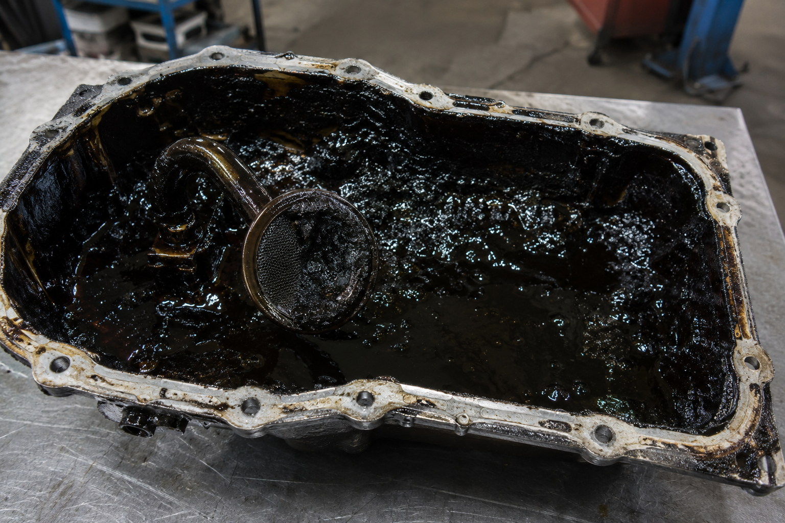 Vauxhall M9R oil pan showing less than 1 litre of thick black oil sludge from seized engine