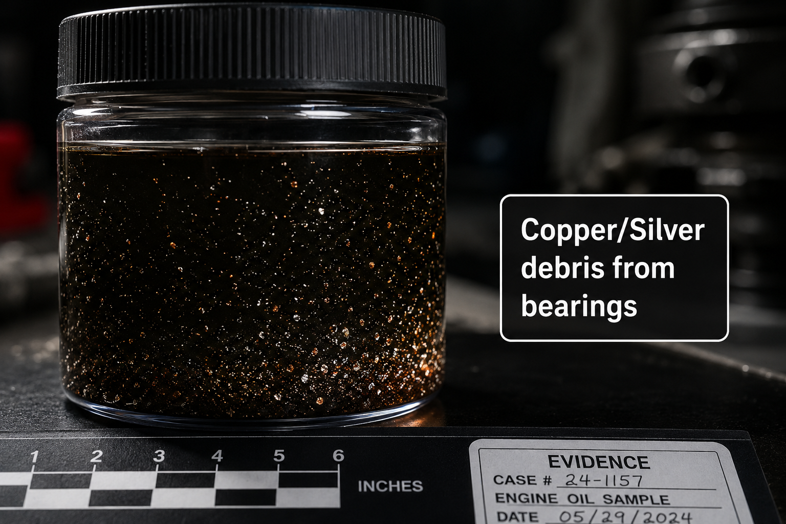 VW CFCA oil contamination showing copper and silver glitter particles from bearing failure