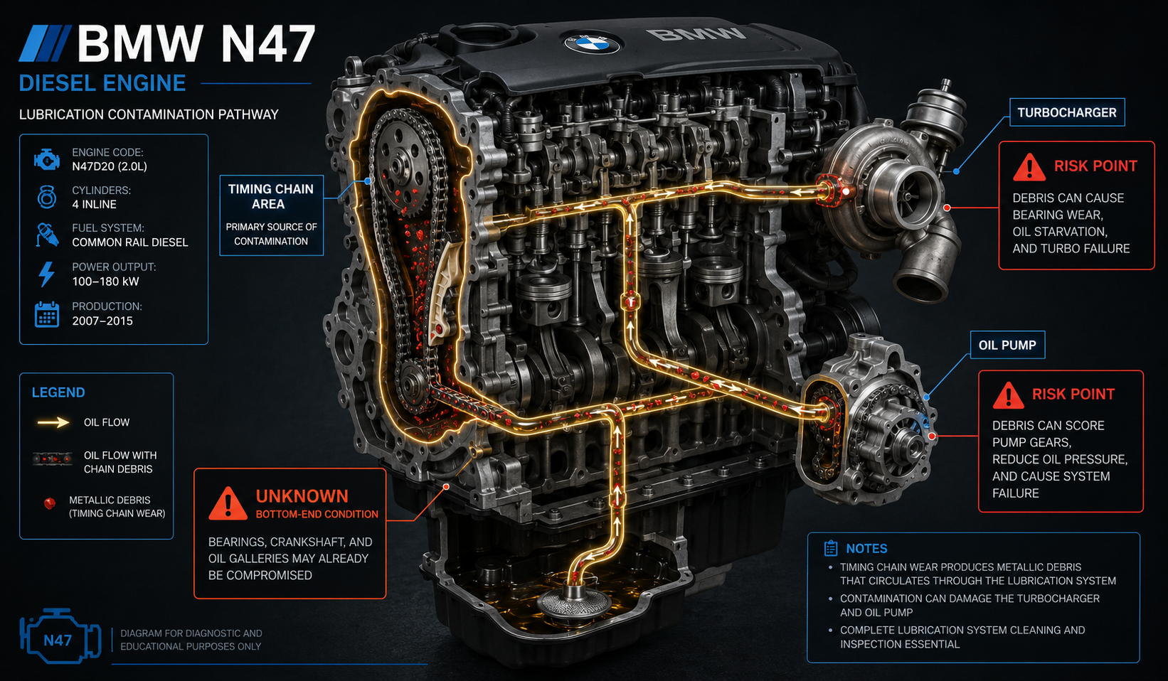 BMW N47 turbo and oil pump contamination diagram showing debris risk from chain failure