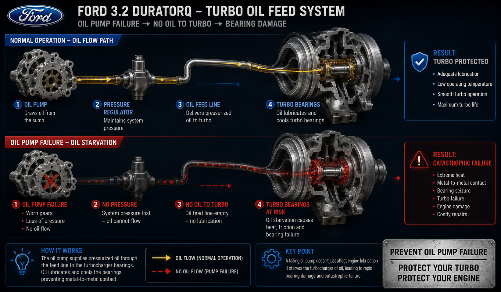 Ford 3.2 Duratorq turbo oil starvation diagram showing oil pump failure path to turbo bearings