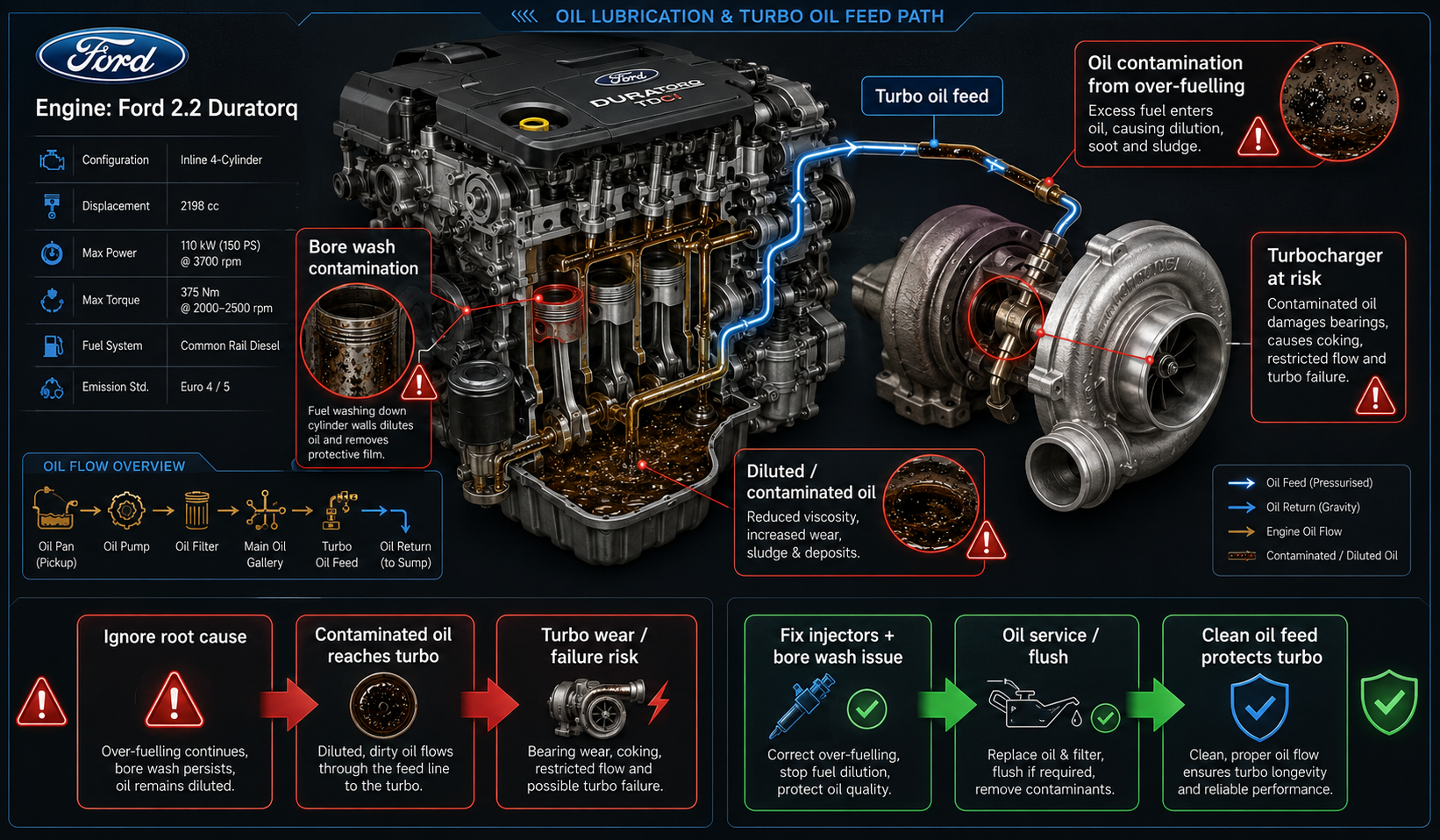 Ford 2.2 Duratorq turbo contamination diagram showing oil contamination risk from bore wash