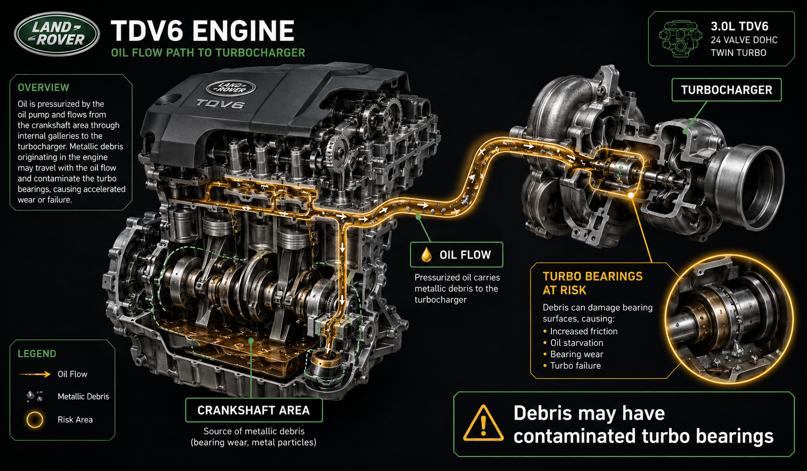 Land Rover TDV6 turbo contamination diagram showing debris risk from snapped crankshaft