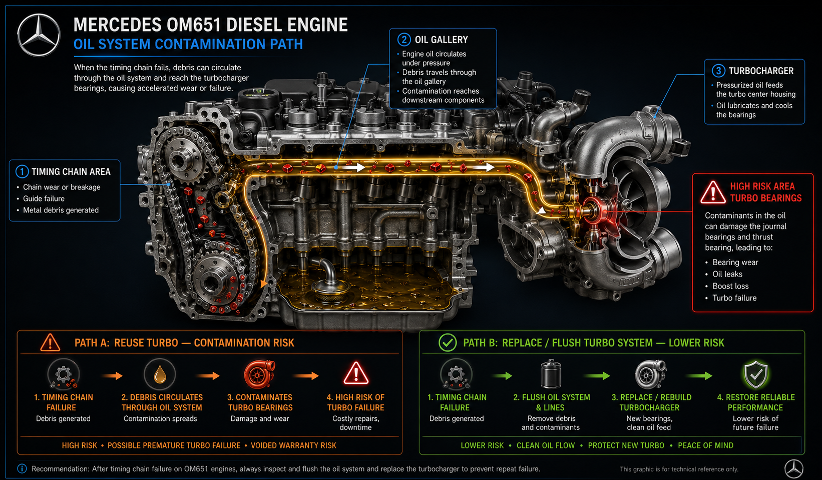 Mercedes OM651 metal fragment path diagram showing debris from injector failure reaching turbocharger