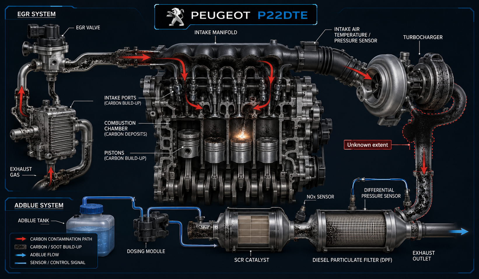 Peugeot P22DTE carbon contamination diagram showing spread through engine