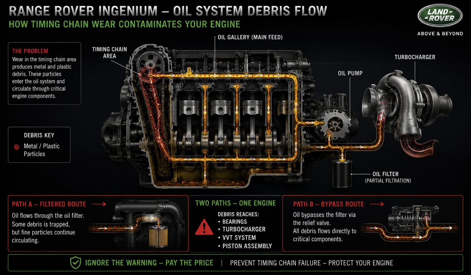 Range Rover Evoque Ingenium oil system diagram showing debris contamination path from timing chain to oil pump and turbo