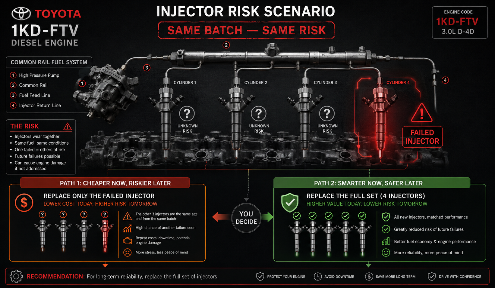 Toyota 1KD-FTV injector set diagram showing risk of remaining injectors failing