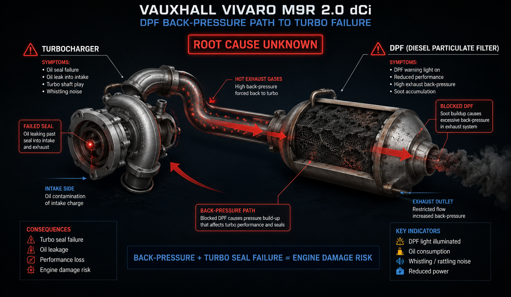 Vauxhall M9R DPF back-pressure diagram showing blocked DPF affecting turbocharger