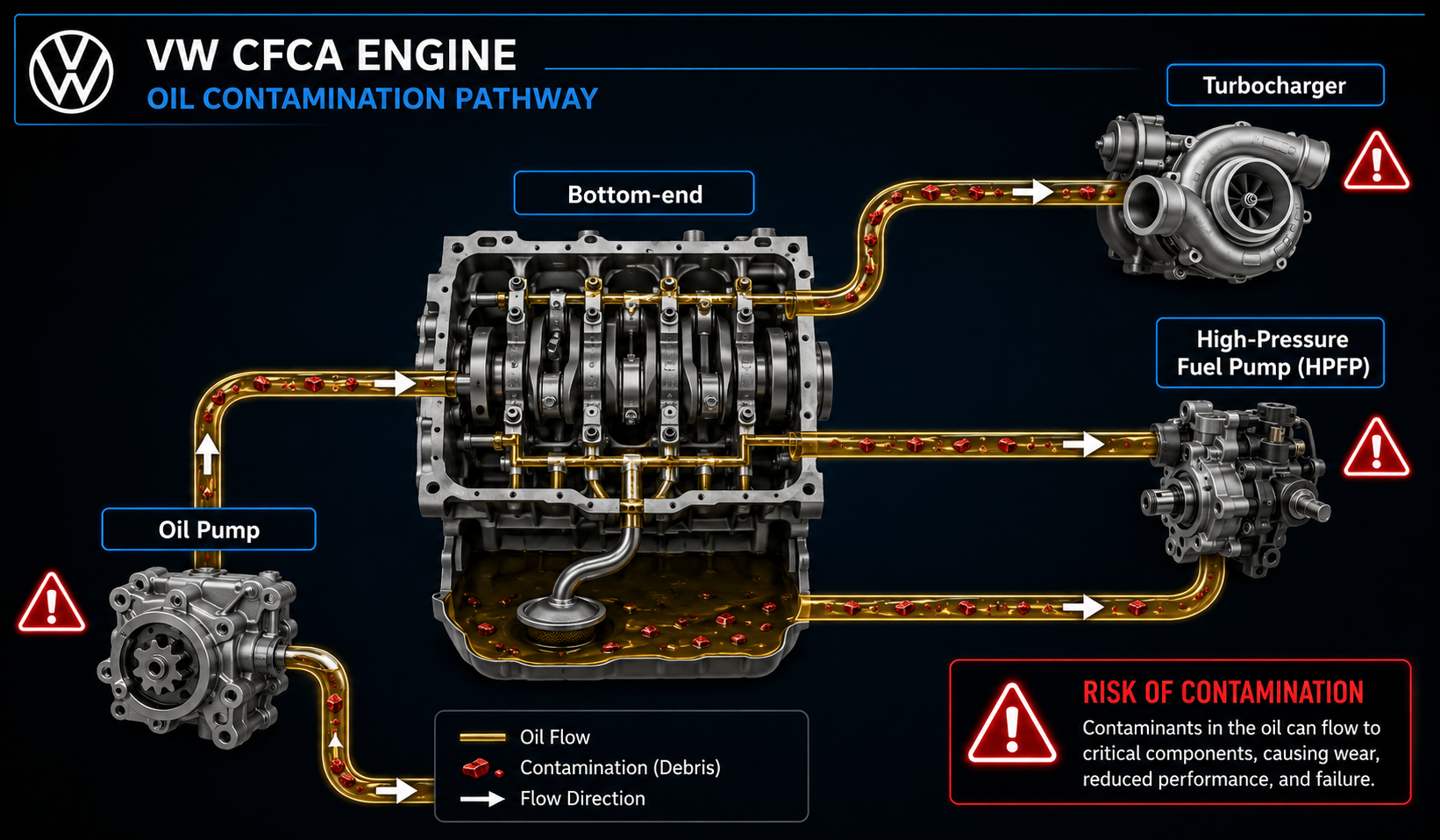 VW CFCA ancillary contamination diagram showing debris risk to turbo, HPFP, and oil pump