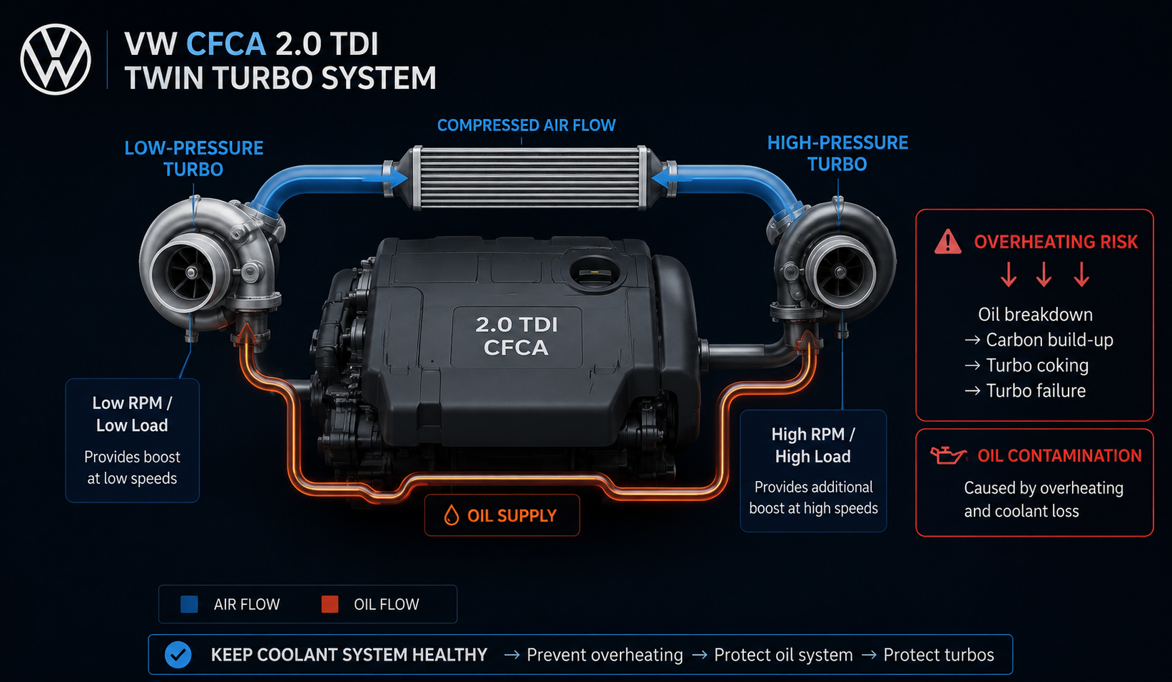VW CFCA twin turbo diagram showing oil contamination and coking risk from engine overheating